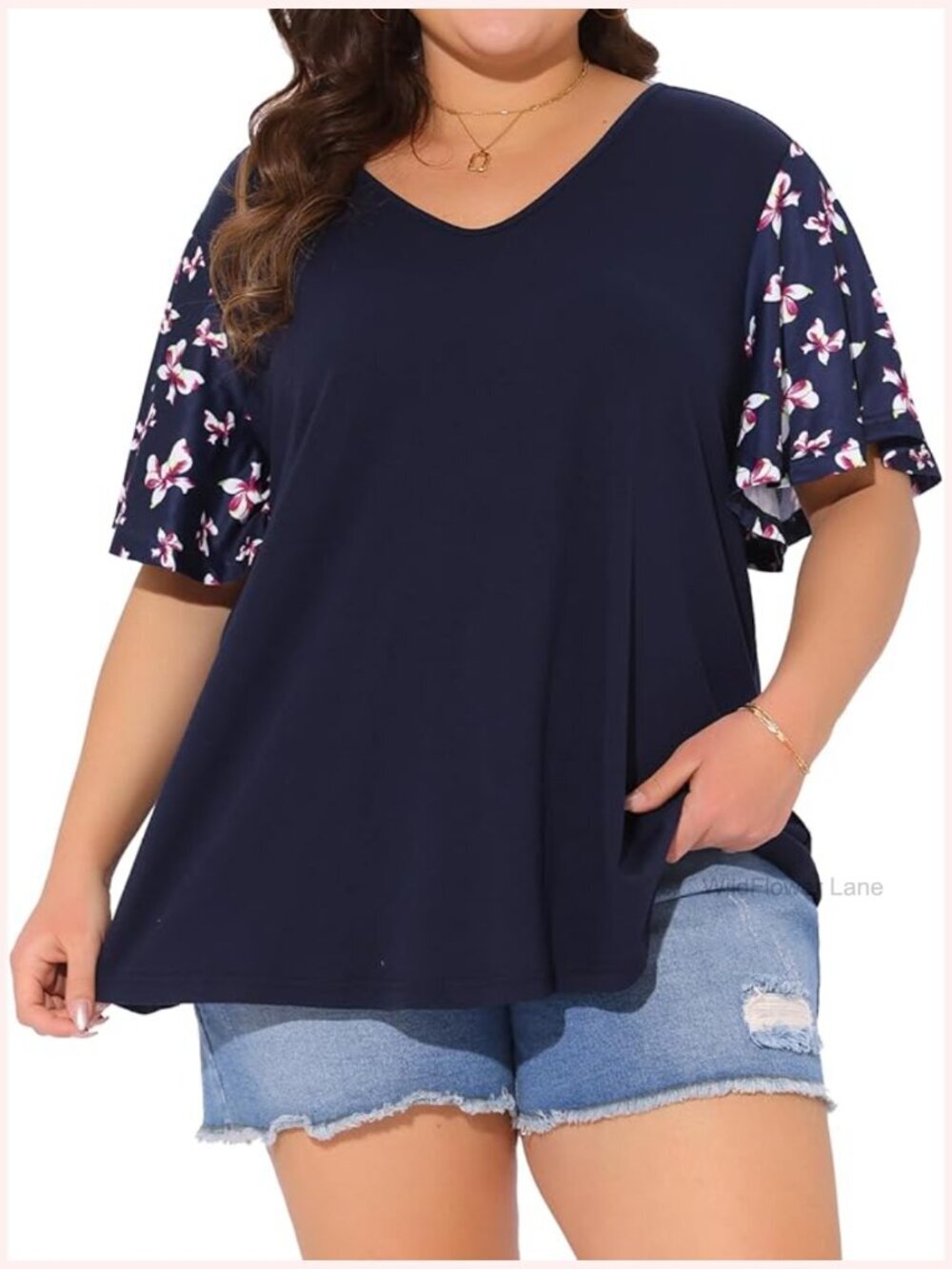 Plus Size V-Neck Flutter Short Sleeve Tunic Blouse - Summer Casual